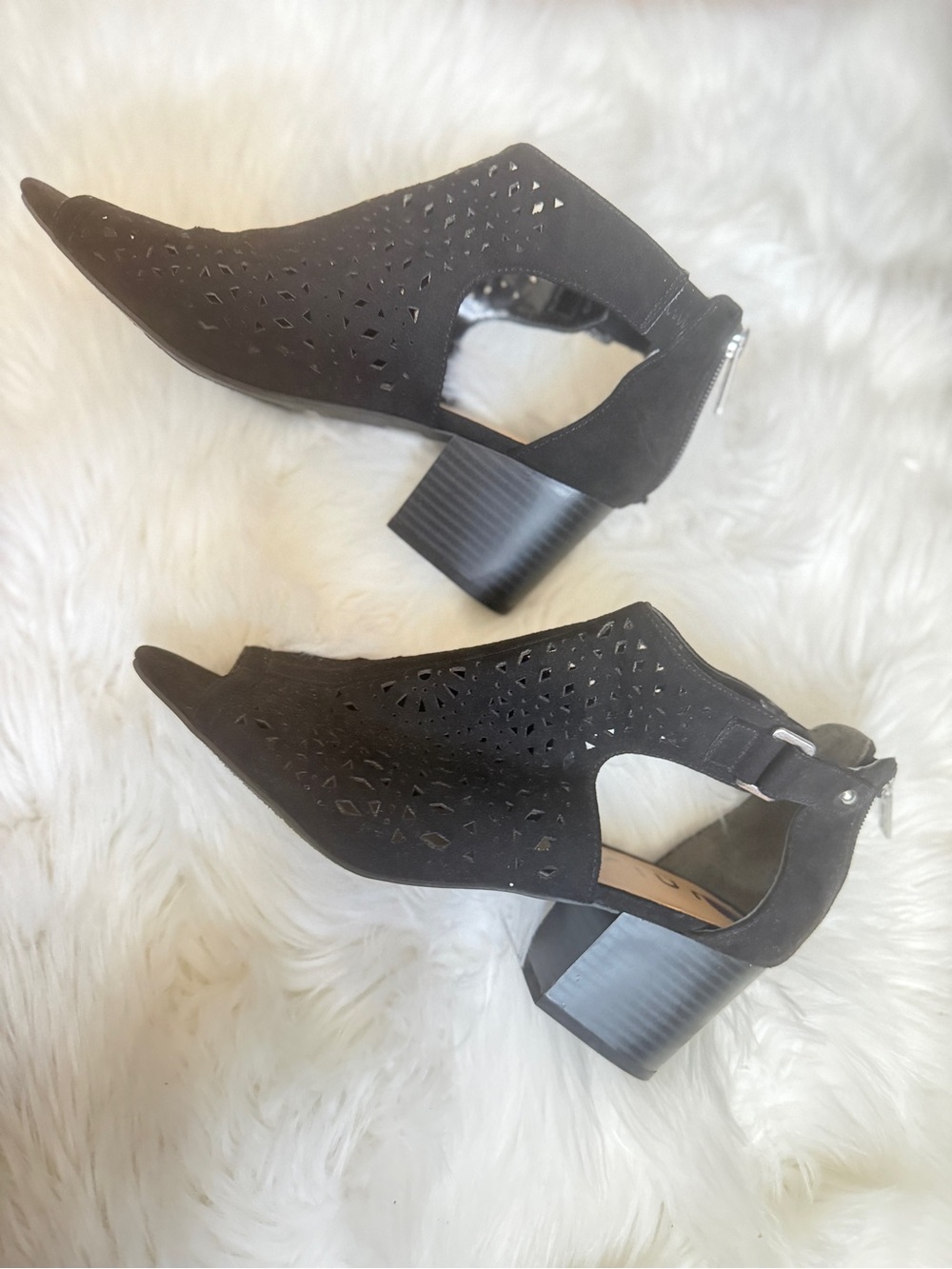 Unisa Black Laser-Cut Peep Toe Block Heel Boots